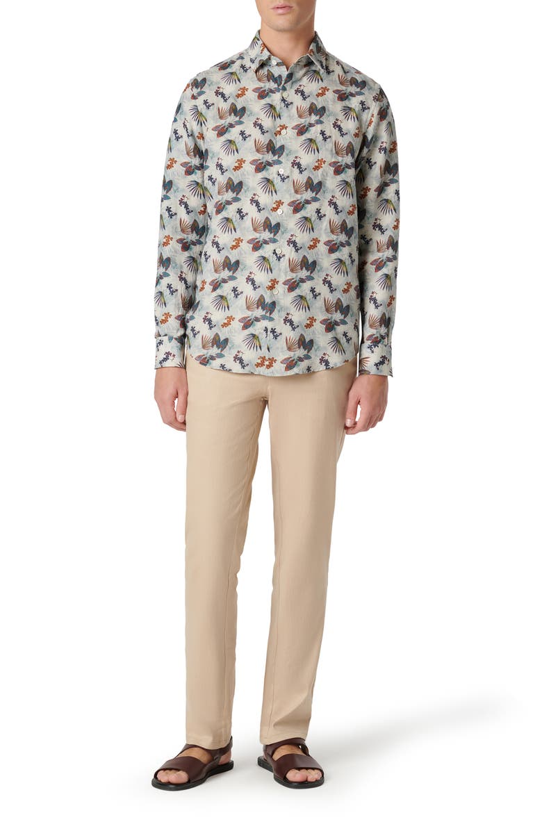 Bugatchi Julian Shaped Fit Frond Print Linen Button-Up Shirt, Alternate, color,