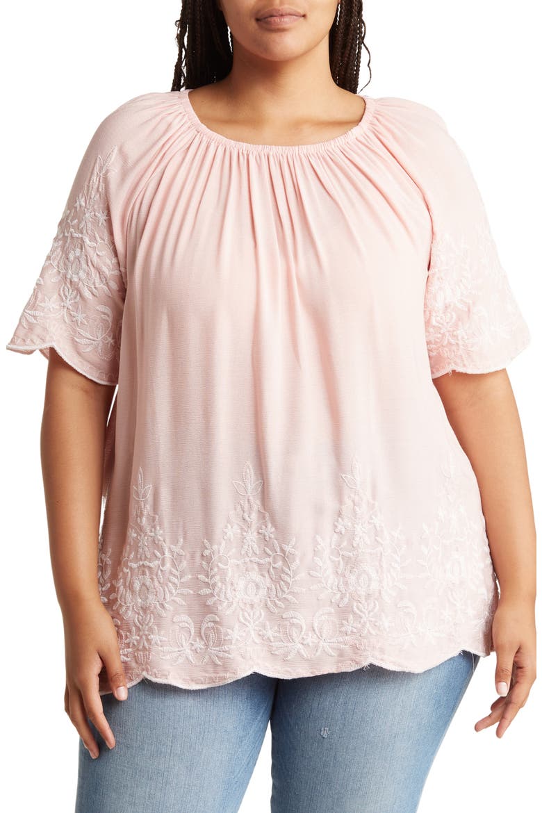 Embroidered Trim Peasant Tunic Top, Main, color, DARK PINK/ WHITE