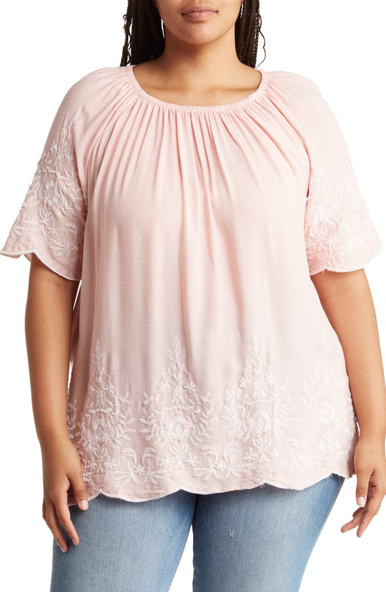 Forgotten Grace Embroidered Trim Peasant Tunic Top, Main, color, Dark Pink/ White