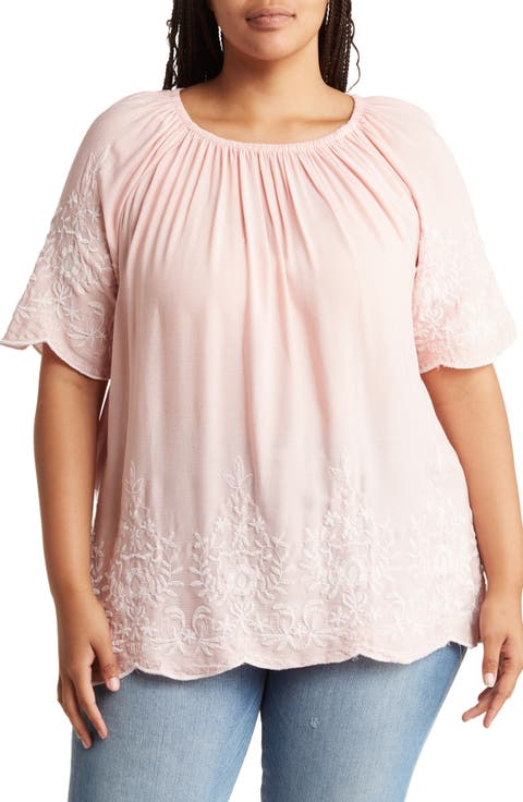 Embroidered Trim Peasant Tunic Top (Plus)