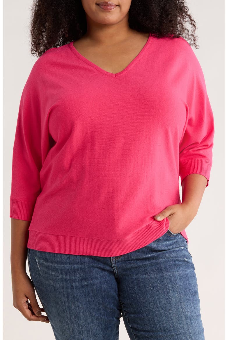 V-Neck Three-Quarter Sleeve Sweater, Main, color, BARBIE FUCHSIA