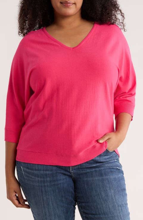 V-Neck Three-Quarter Sleeve Sweater (Plus)