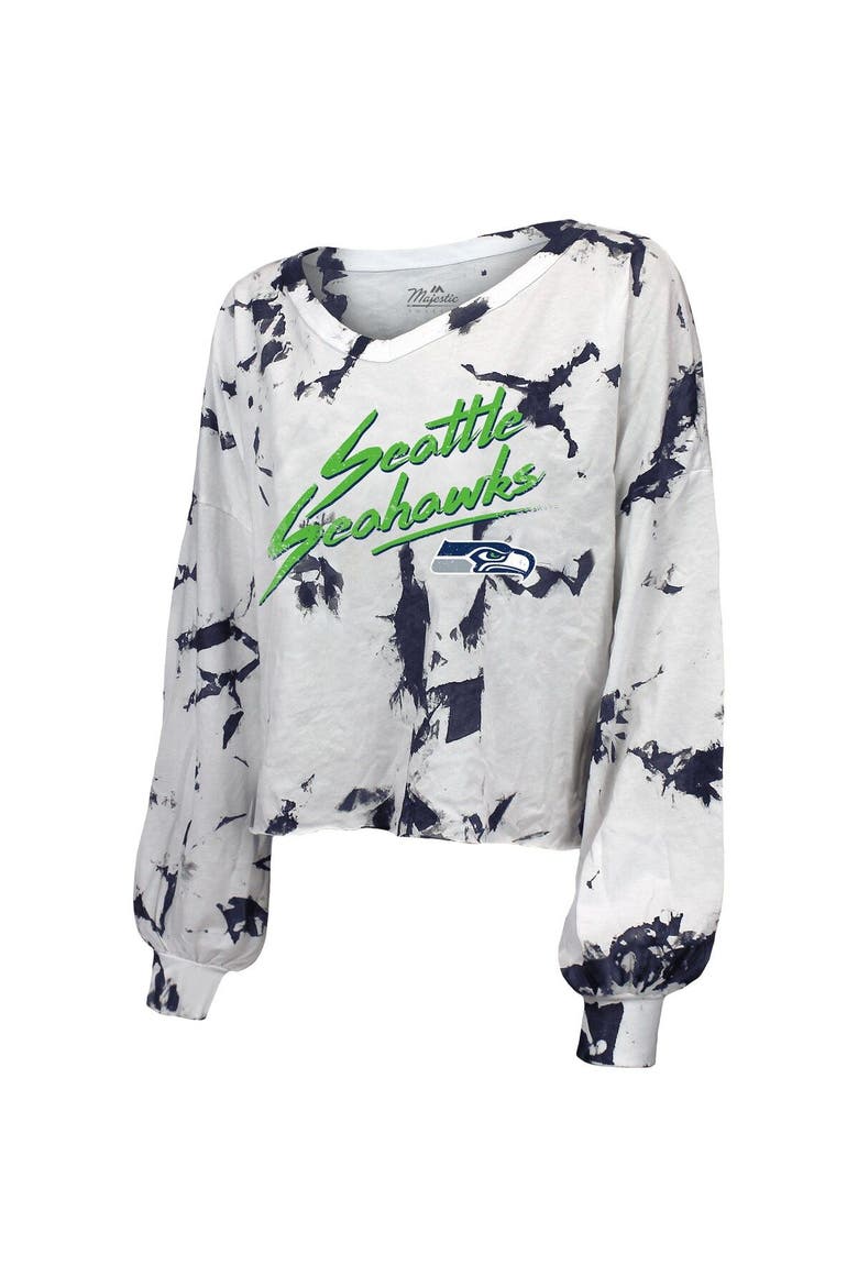 Women's Majestic Threads DK Metcalf White Seattle Seahawks Off-Shoulder Tie-Dye Name & Number Long Sleeve V-Neck Crop-Top T-Shirt, Alternate, color, White