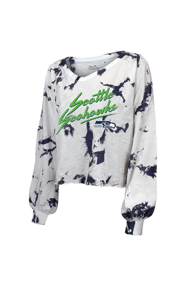 Majestic Threads Women's Majestic Threads DK Metcalf White Seattle Seahawks Off-Shoulder Tie-Dye Name & Number Long Sleeve V-Neck Crop-Top T-Shirt, Alternate, color,