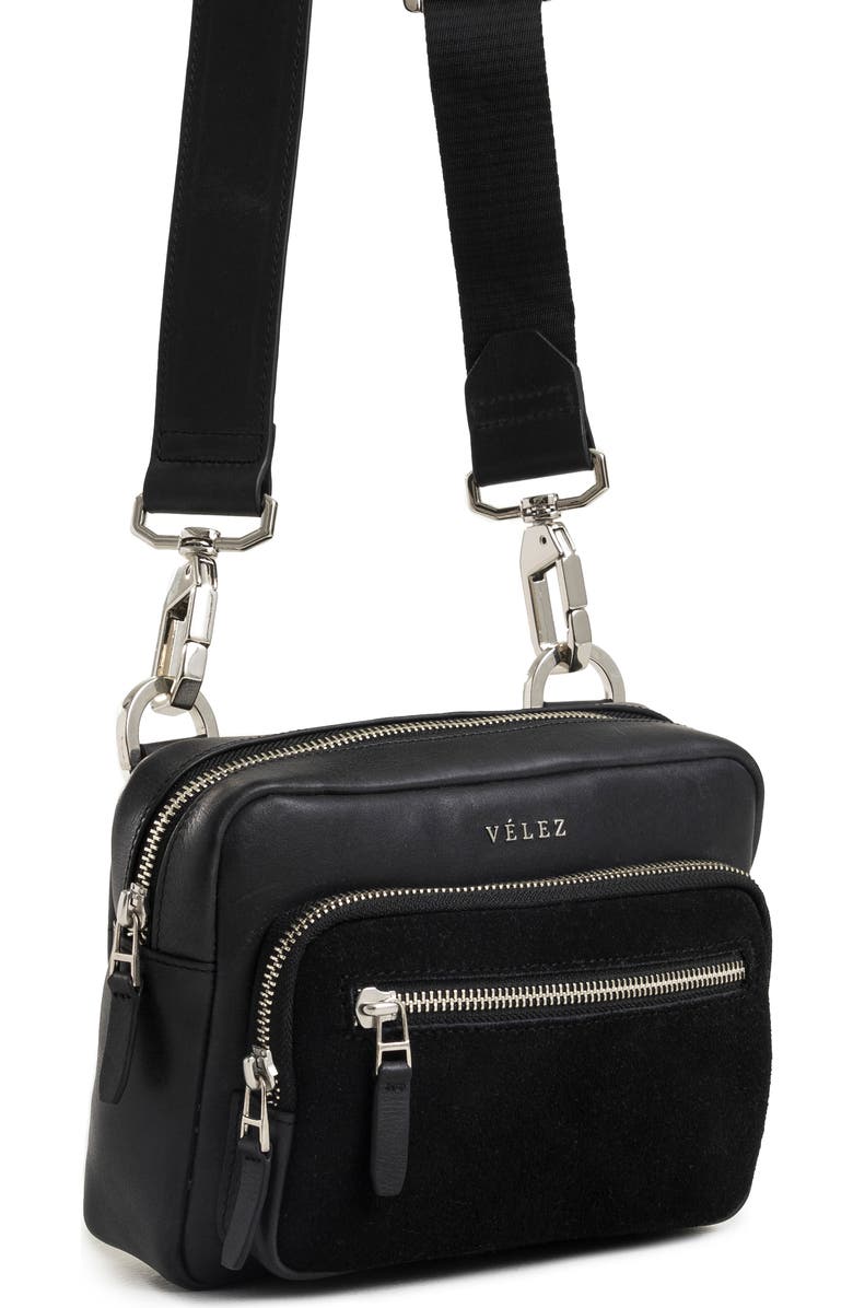 Velez Bright Leather Crossbody Bag with Suede Detail, Alternate, color, Black