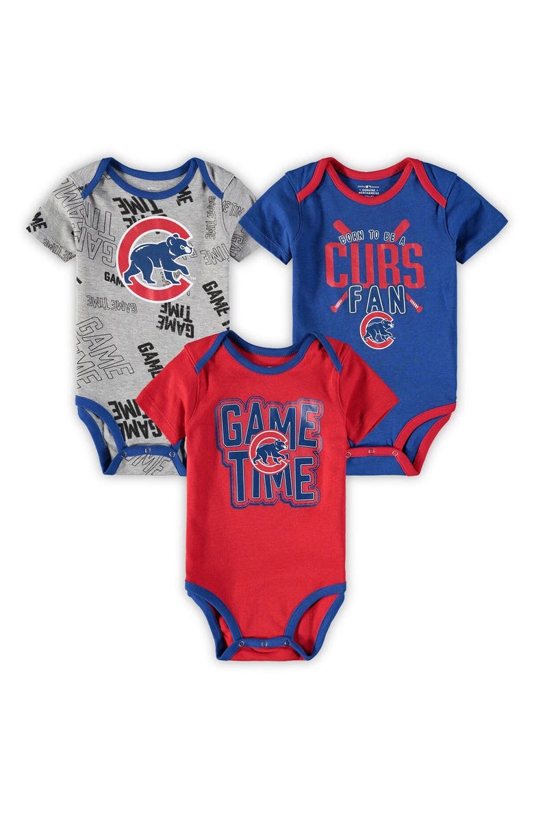 Outerstuff Newborn & Infant Chicago Cubs Royal/Red/Heathered Gray Game Time Three-Piece Bodysuit Set, Main, color, Royal