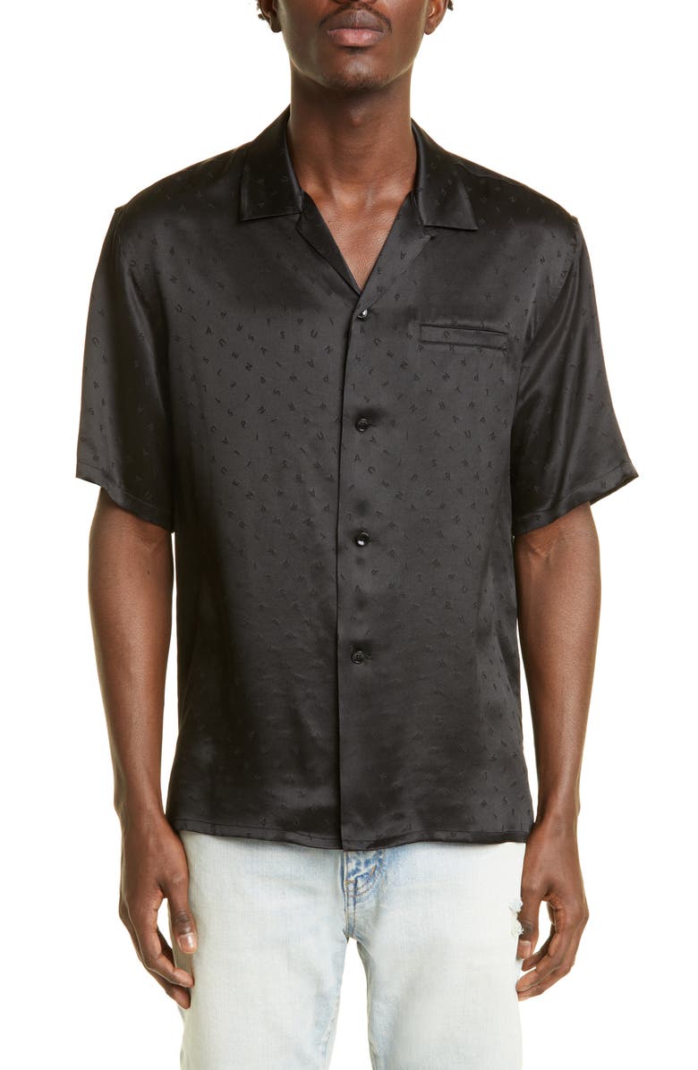 Saint Laurent Monogram Print Short Sleeve Silk Button-Up Camp Shirt, Main, color, 