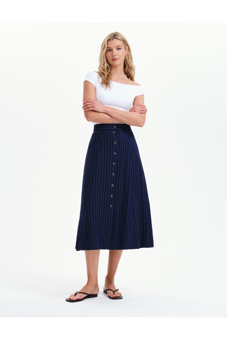 Frances Stripe Button Through Midi Skirt, Alternate, color, Navy Stripe