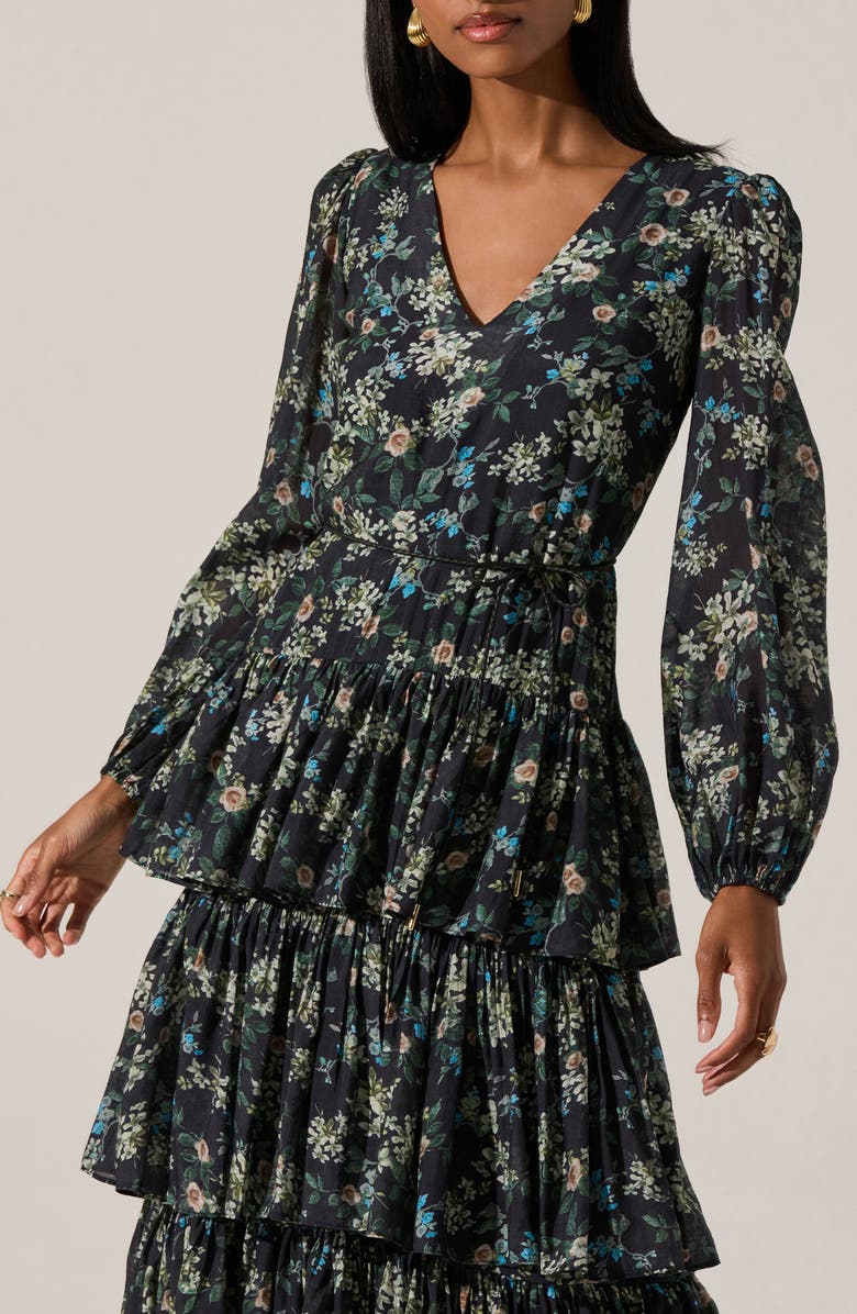 ASTR the Label Franchesca Floral Long Sleeve Tiered Cotton Blend Dress, Alternate, color, Black Green Floral