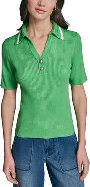 KARL LAGERFELD PARIS Crochet Collar Rib Polo Sweater