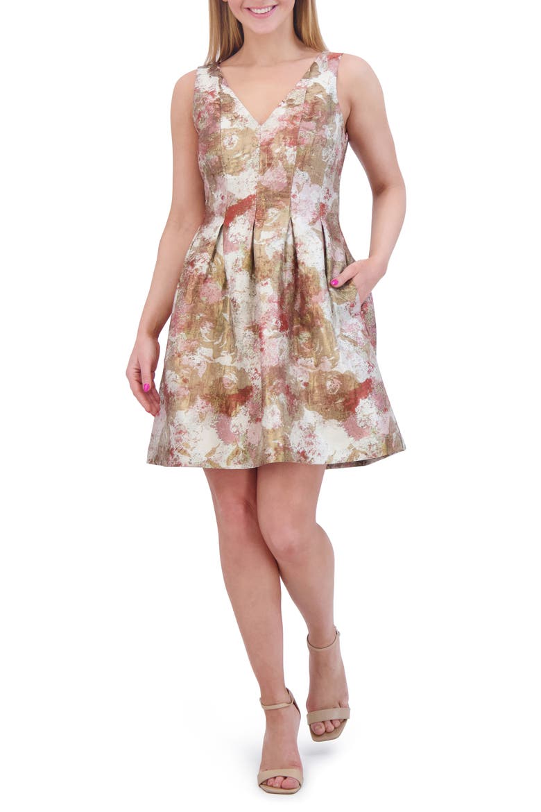 Sleeveless Jacquard Fit & Flare Dress, Main, color, BEIGE MULTI