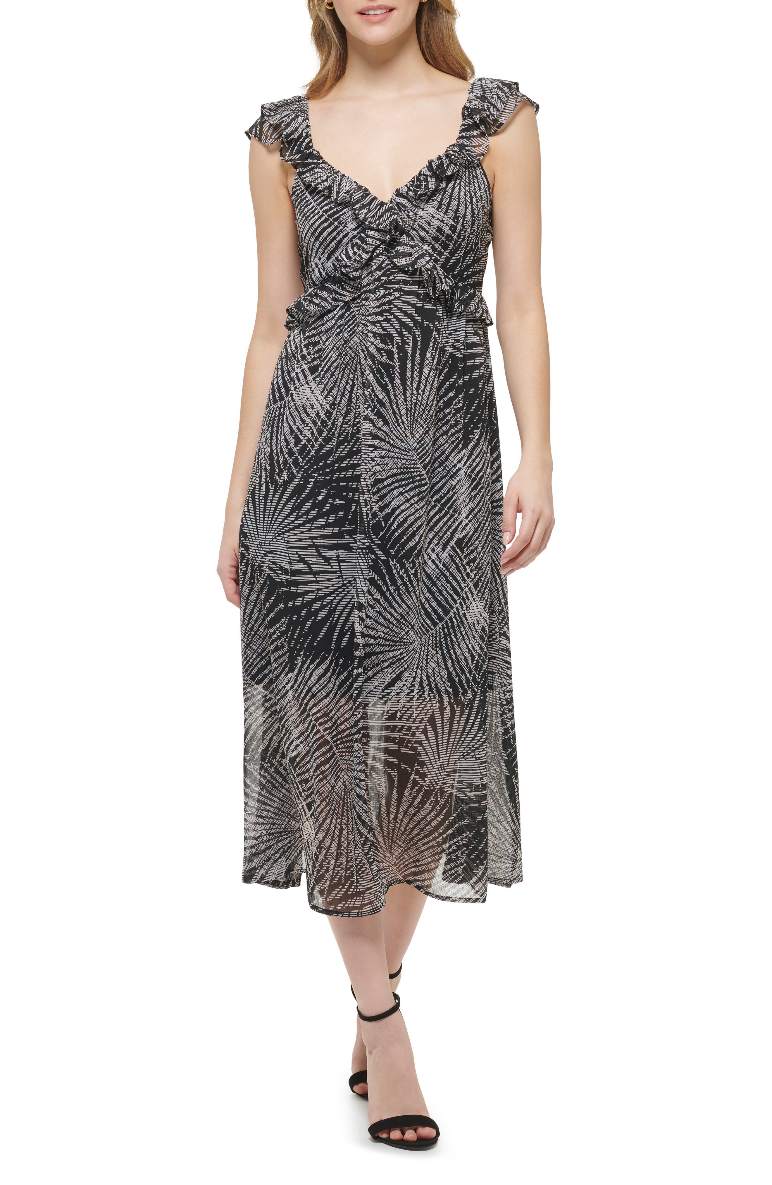 Kensie Palm Print Ruffle Empire Waist Chiffon Midi Dress