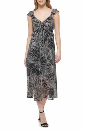 Palm Print Ruffle Empire Waist Chiffon Midi Dress