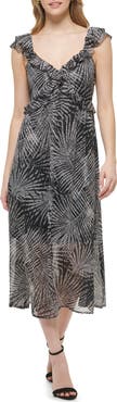 Kensie Palm Print Ruffle Empire Waist Chiffon Midi Dress