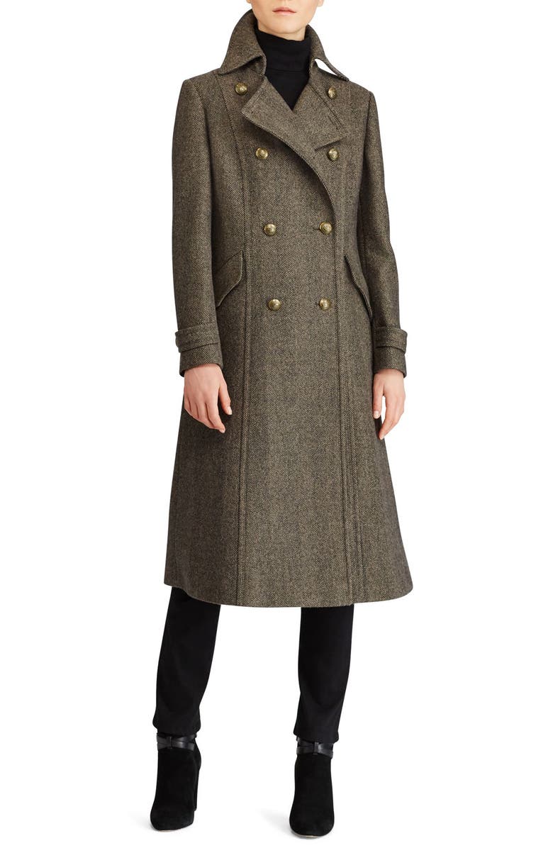 Lauren Ralph Lauren Herringbone Wool Blend Long Military Coat, Main, color,