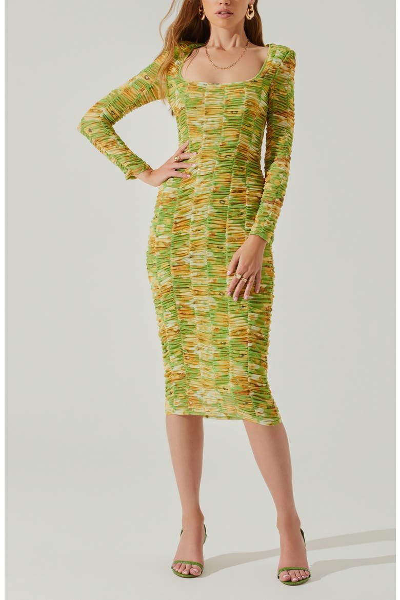 Yelina Floral Long Sleeve Ruched Dress, Main, color, LIME YELLOW