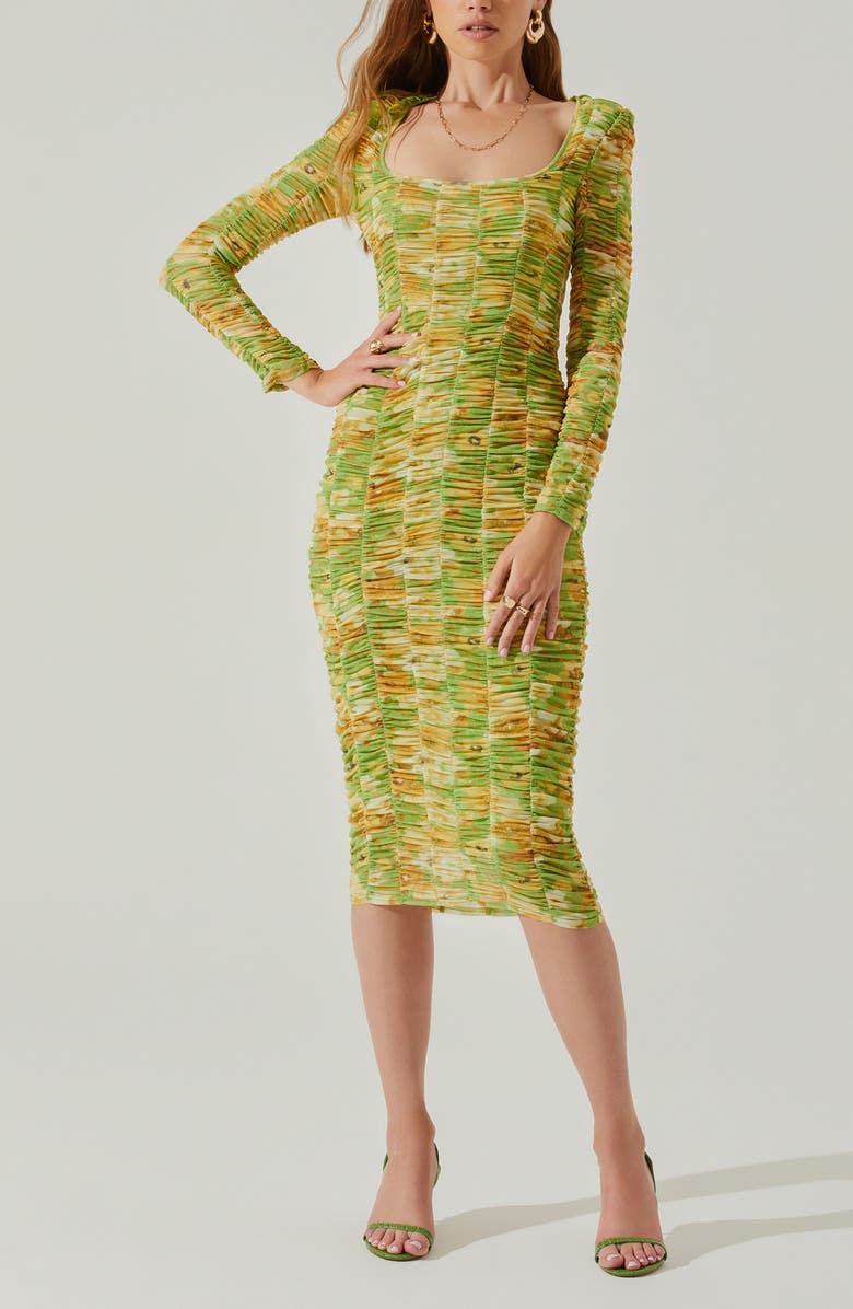 ASTR the Label Yelina Floral Long Sleeve Ruched Dress, Main, color, Lime Yellow