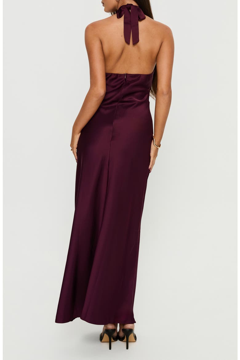 Rosario Sheer Panel Satin Halter Gown, Alternate, color, PLUM