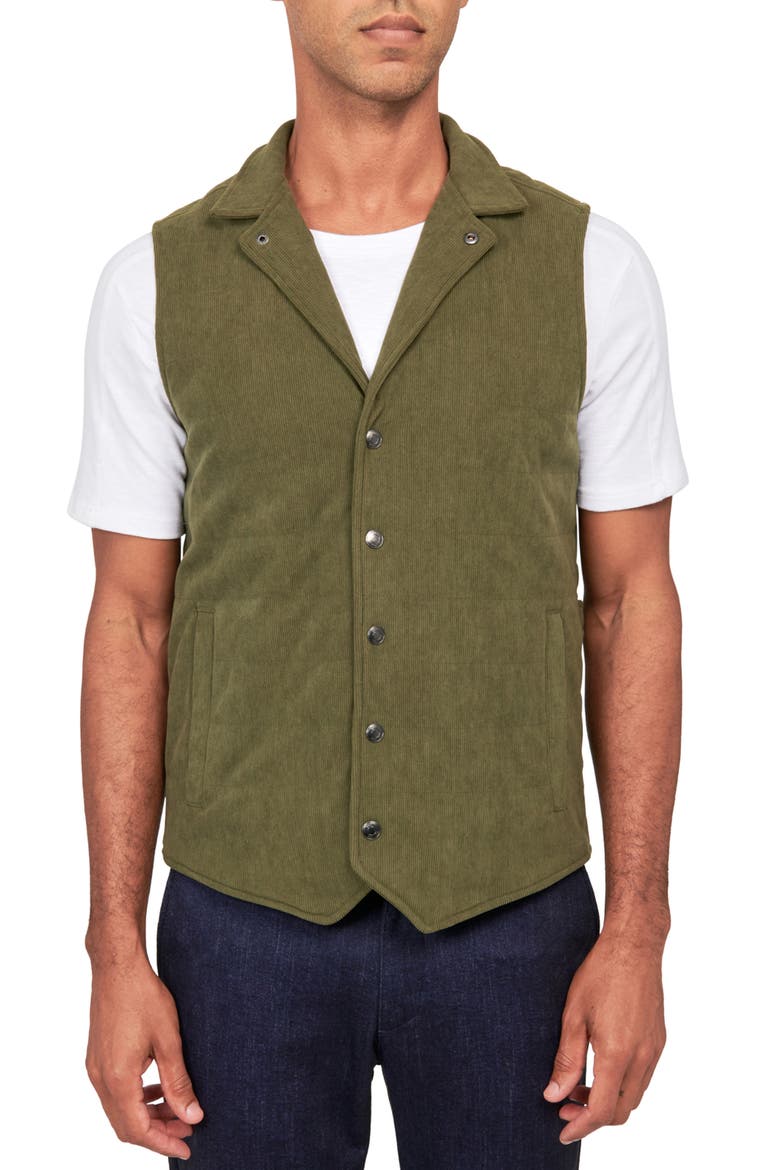 Slim Fit Camp Collar Corduroy Snap-Up Vest, Main, color, OLIVE