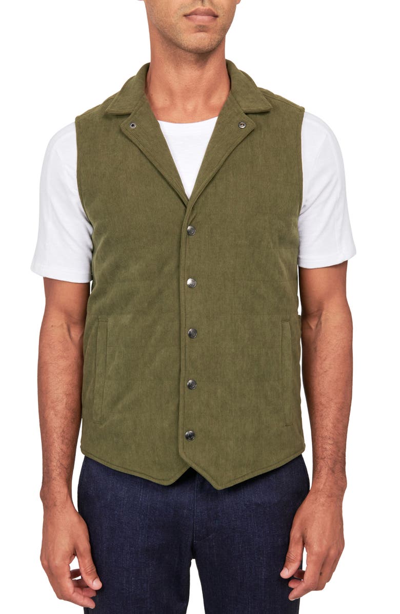 W.R.K Slim Fit Camp Collar Corduroy Snap-Up Vest, Main, color, Olive