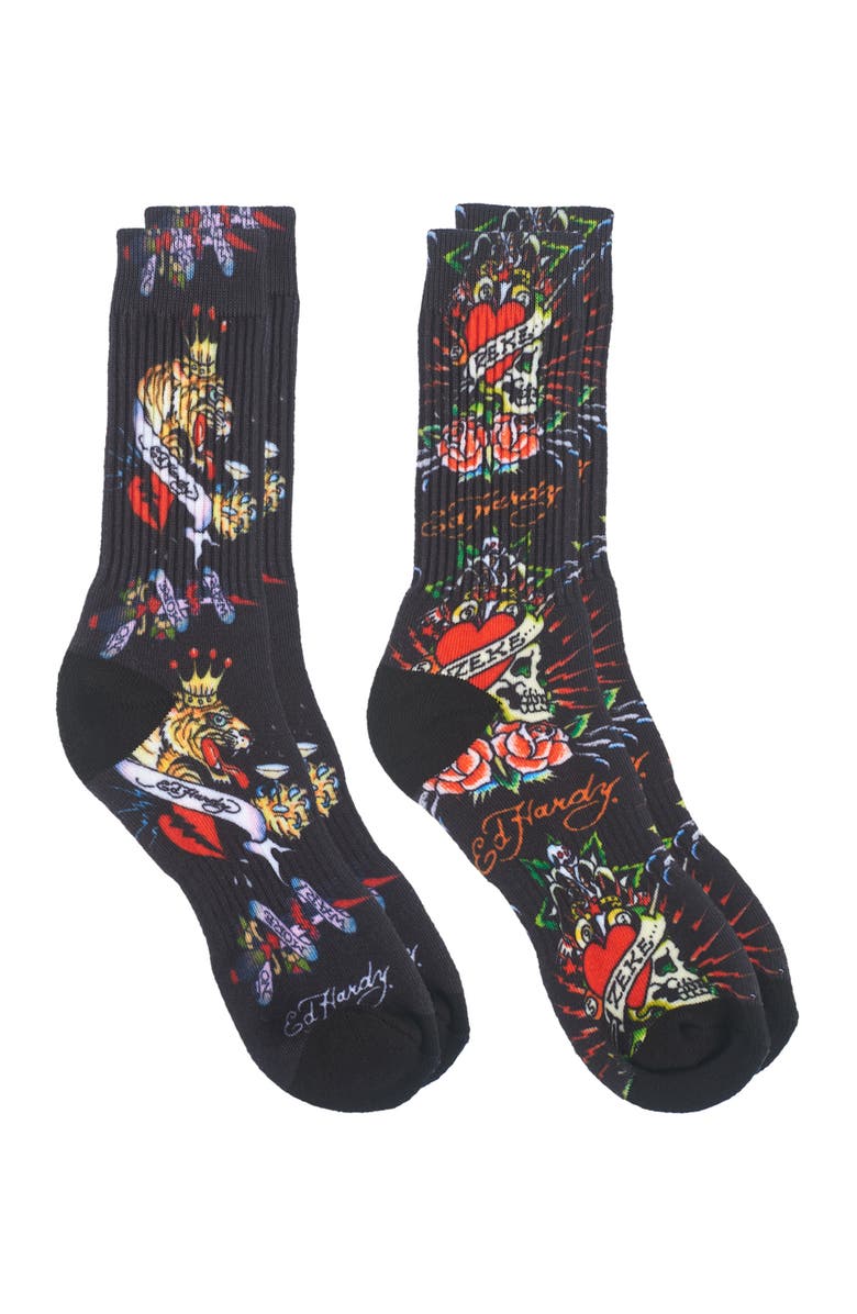 Ed Hardy 360 Print Full Cushion Crew Sock 2-Pack, Alternate, color, 