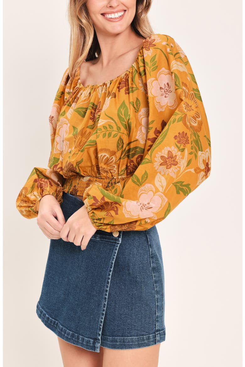 Floral Bishop Sleeve Crop Top, Alternate, color, MUSTARD