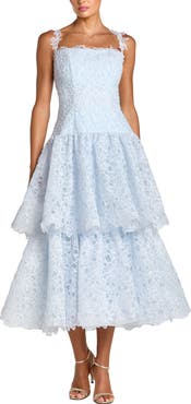 Mac Duggal Sleeveless Embroidered Lace Tiered Midi Dress