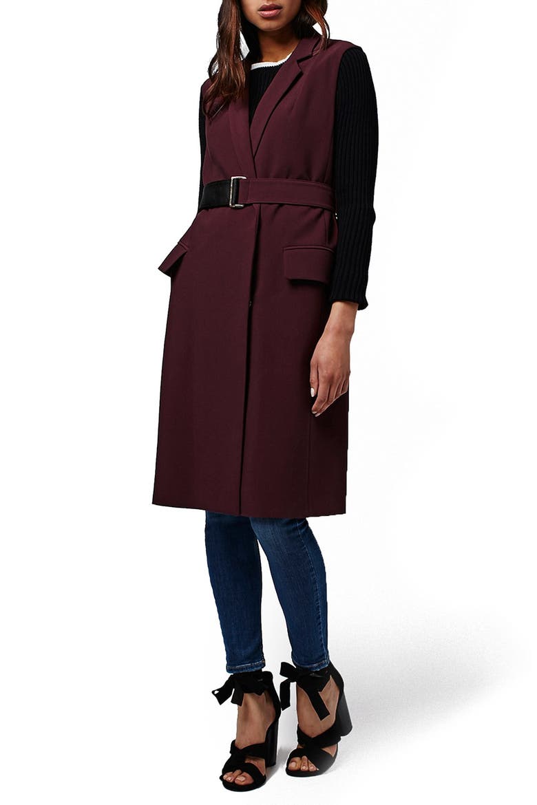 Sleeveless Belted Coat, Alternate, color, BURGUNDY