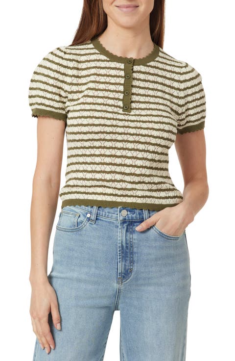 Stripe Pointelle Short Sleeve Sweater