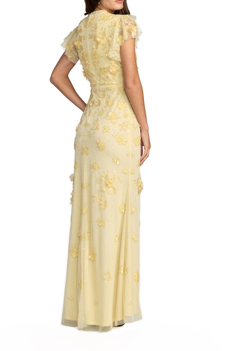 Floral Embellished High Neck Flutter Sleeve Gown, Alternate, color, Butter