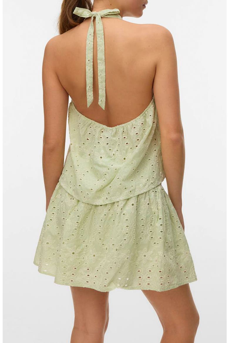 Embroidered Eyelet Halter Neck Babydoll Top, Alternate, color, FOG GREEN DETAIL SNOW WHITE EM