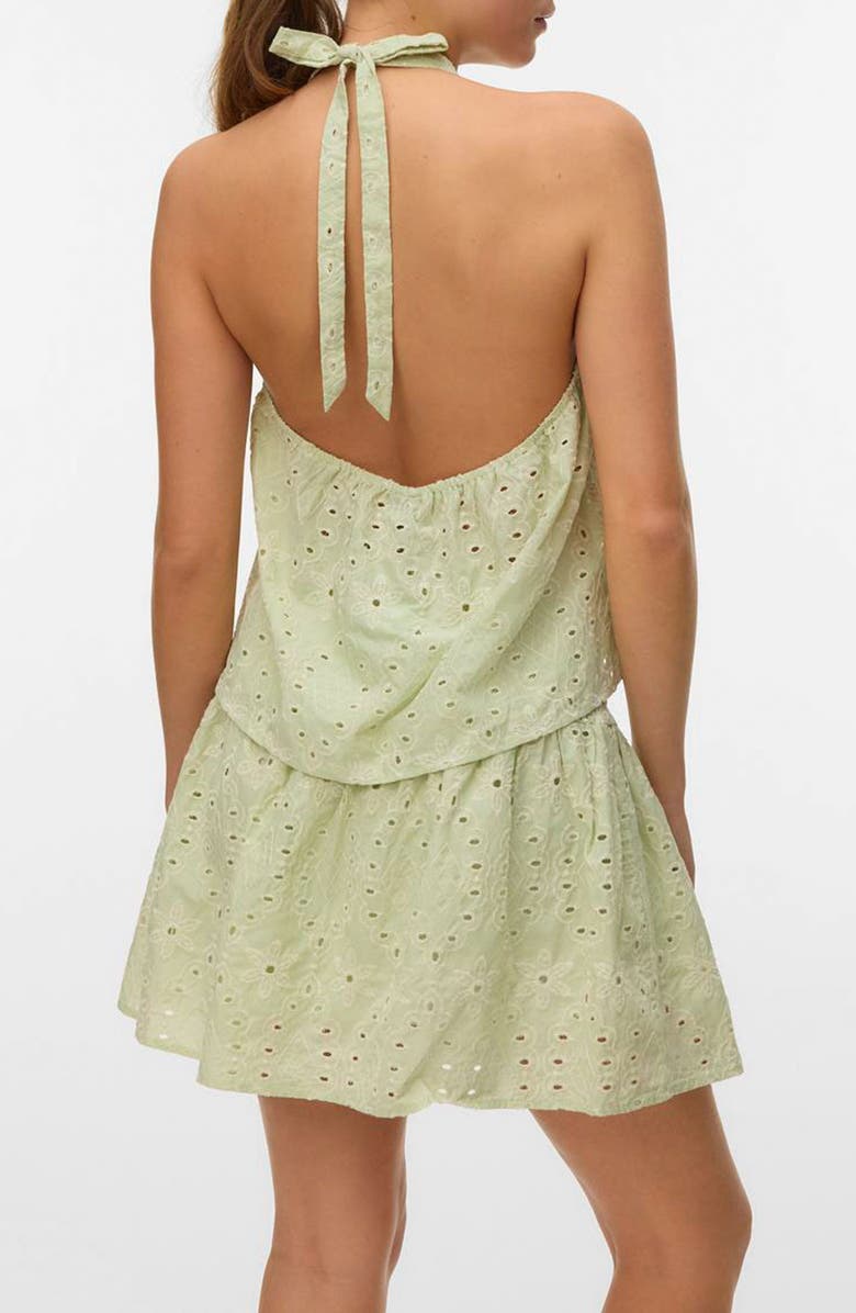 VERO MODA Embroidered Eyelet Halter Neck Babydoll Top, Alternate, color, Fog Green Detail Snow White Em