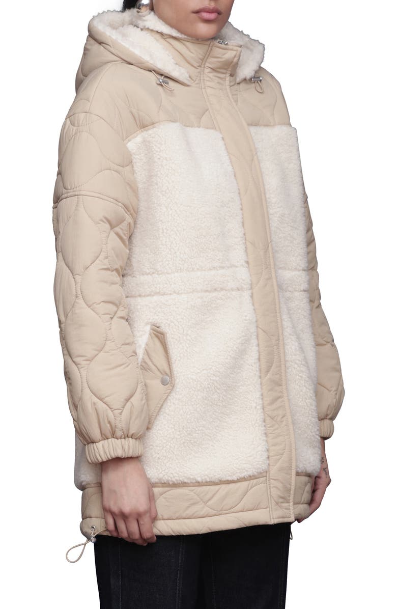 Avec Les Filles Hooded Nylon & Faux Shearling Anorak, Alternate, color, Sand/ Bone
