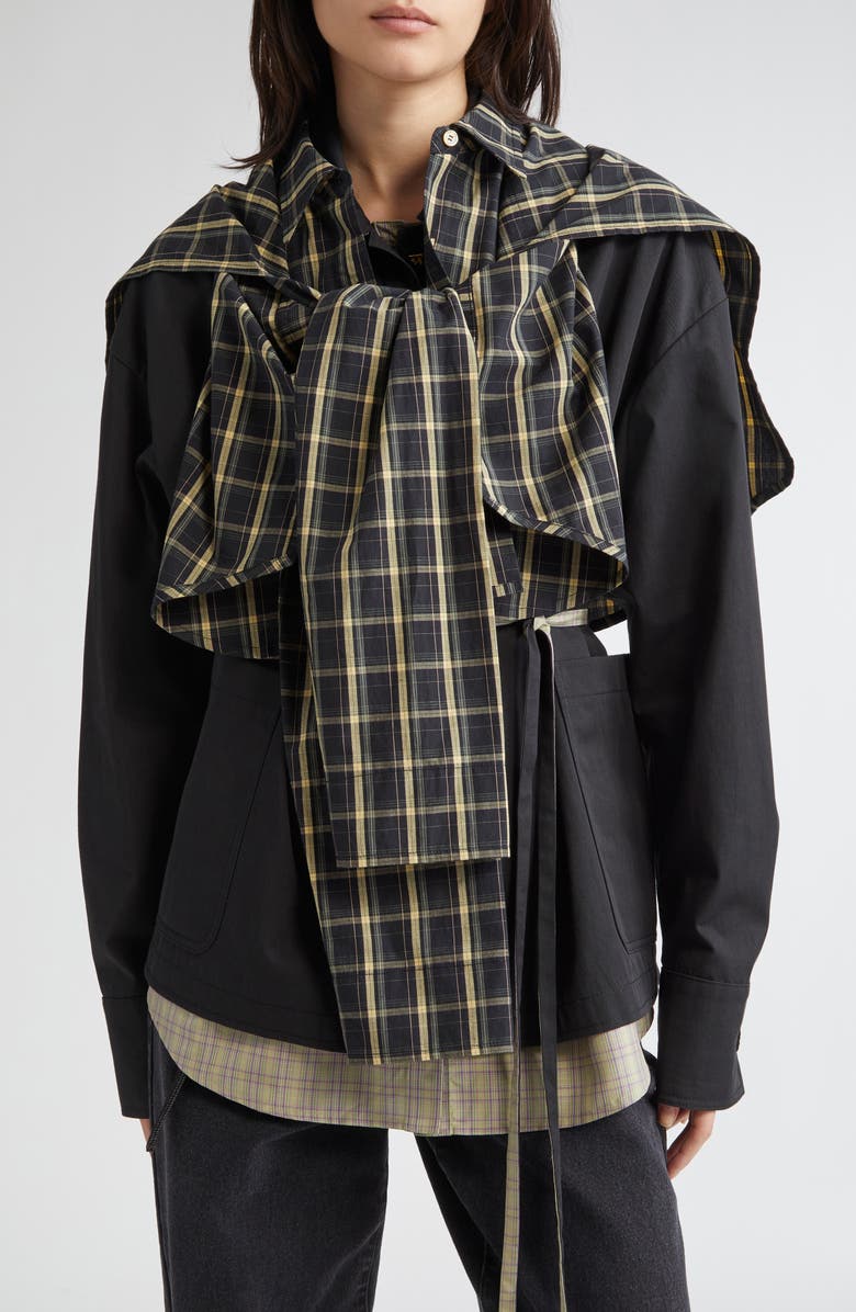 EENK Muffler Asymmetric Plaid Crop Cotton & Linen Button-Up Shirt, Main, color, 