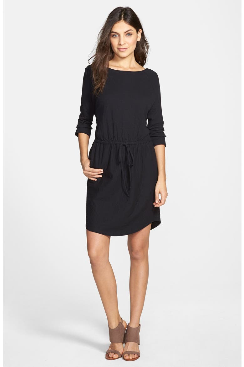 Stripe Three-Quarter Sleeve Drawstring Waist Dress, Main, color, BLACK