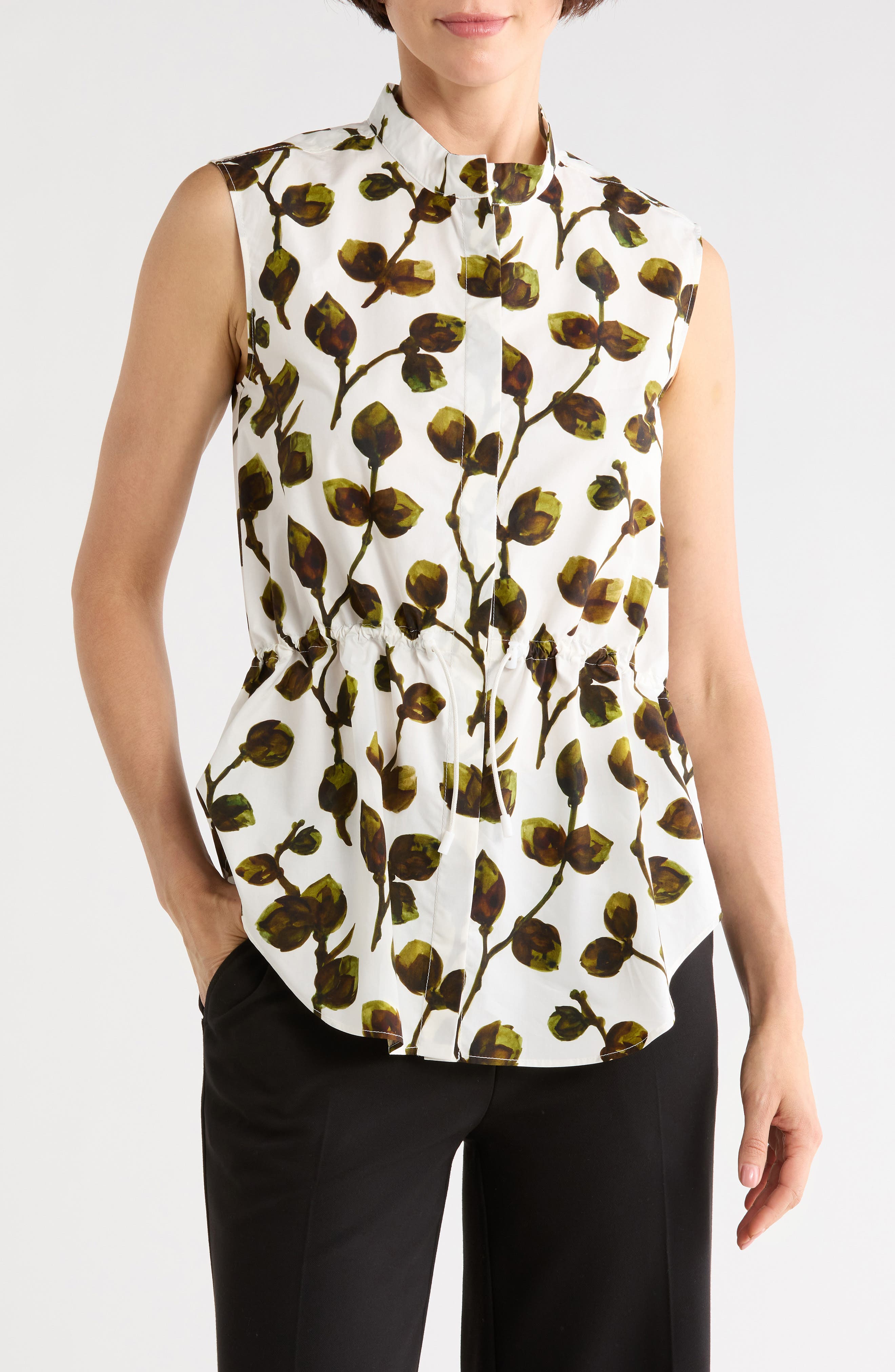 Longchamp Leaf Print Sleeveless Cotton Button-Up Top