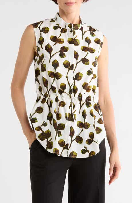 Longchamp Leaf Print Sleeveless Cotton Button-Up Top