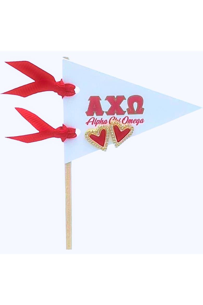 Alpha Chi Omega Heart Stud Enamel Earrings on Sorority Pennant Flag, Main, color, Yellow Gold