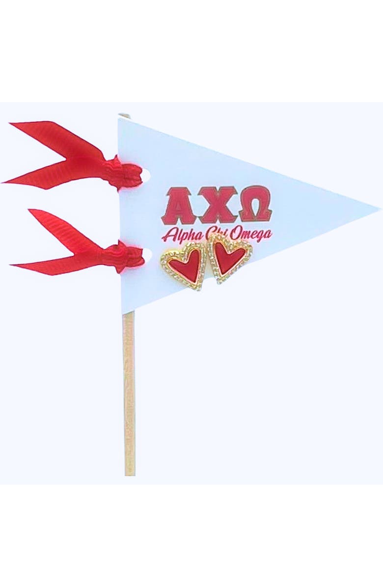 Color Shout Alpha Chi Omega Heart Stud Enamel Earrings on Sorority Pennant Flag, Main, color, Yellow Gold