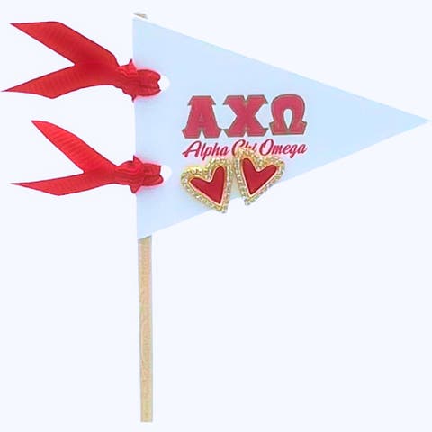 Alpha Chi Omega Heart Stud Enamel Earrings on Sorority Pennant Flag