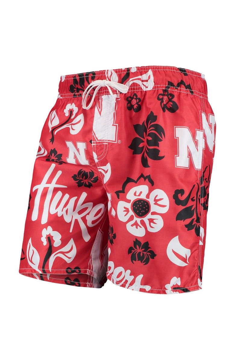 Wes & Willy Men's Wes & Willy Scarlet Nebraska Huskers Floral Volley Swim Trunks, Main, color, Scarlet