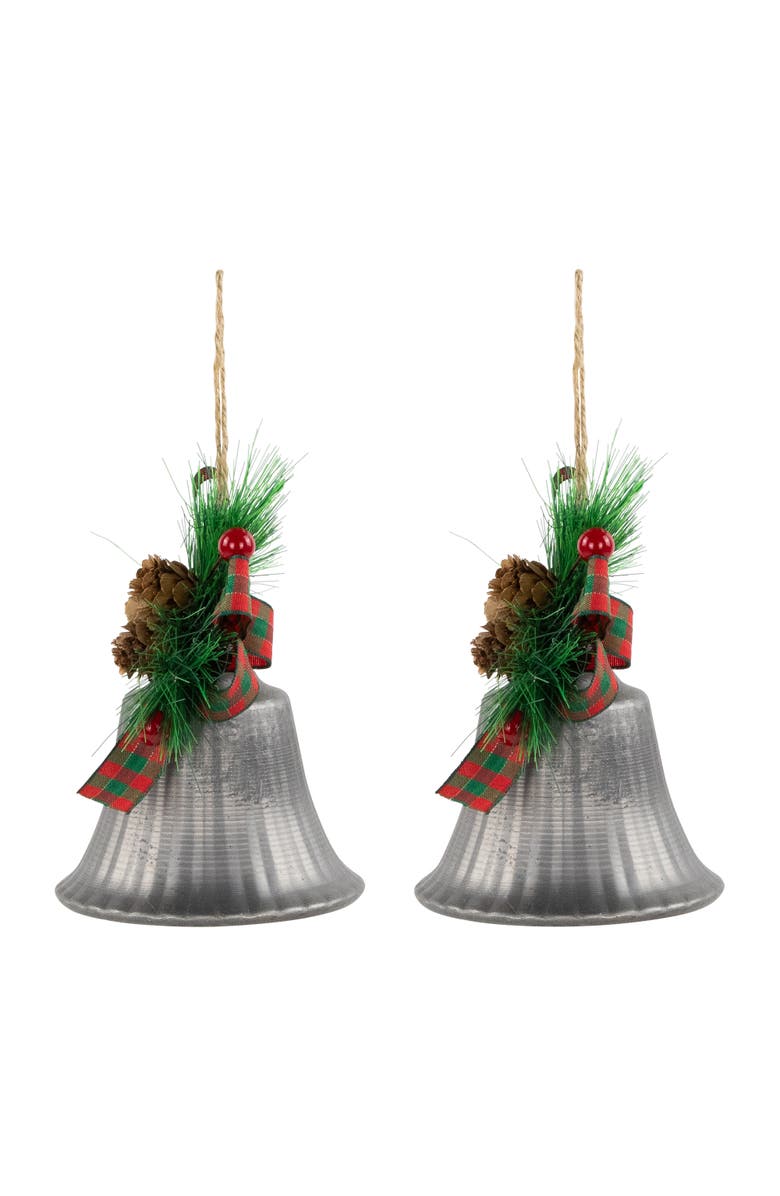 Northlight Bells with Pine Sprigs and Plaid Bow Christmas Ornaments - 7" - Silver - Set of 2, Alternate, color, Silver