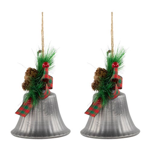 Northlight Bells With Pine Sprigs And Plaid Bow Christmas Ornaments In Silver