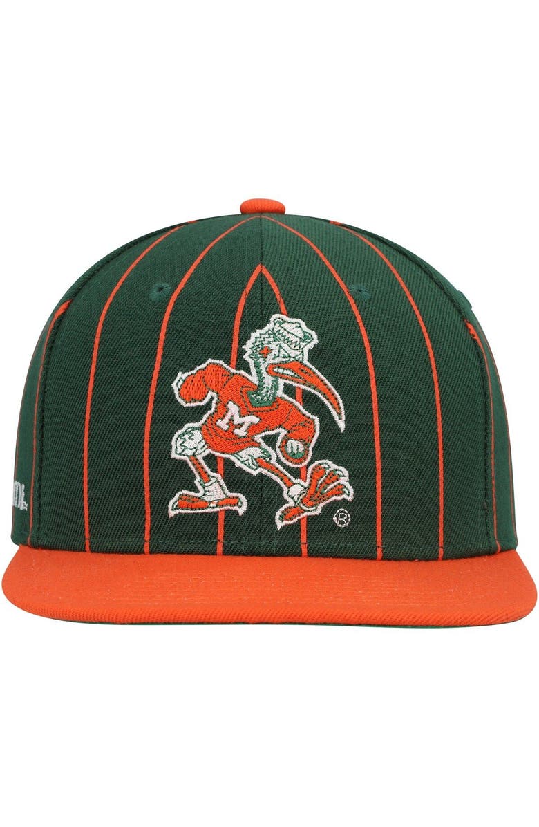 Mitchell & Ness Men's Mitchell & Ness Green Miami Hurricanes Team Pinstripe Snapback Hat, Alternate, color,