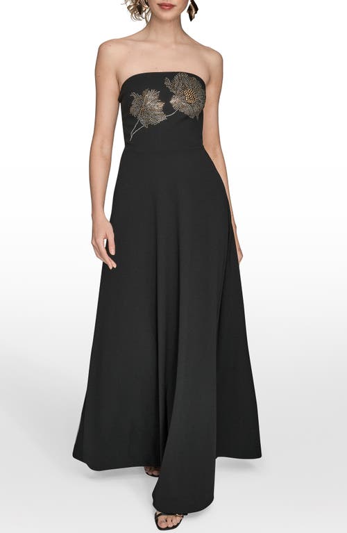 Donna Karan New York Placed Beaded Floral Strapless Gown In Black
