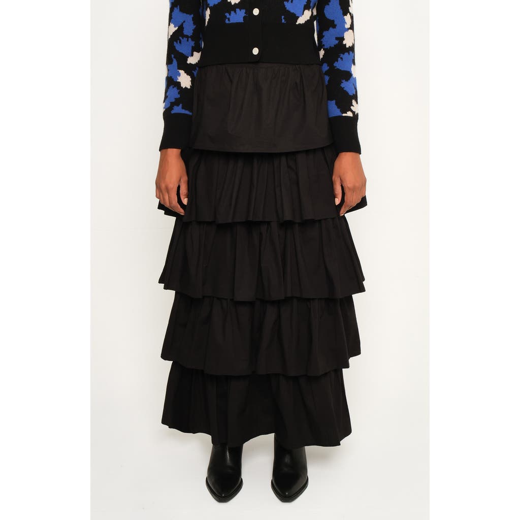 The Lulo Project Release Tiered Ruffle Stretch Cotton Maxi Skirt In Black