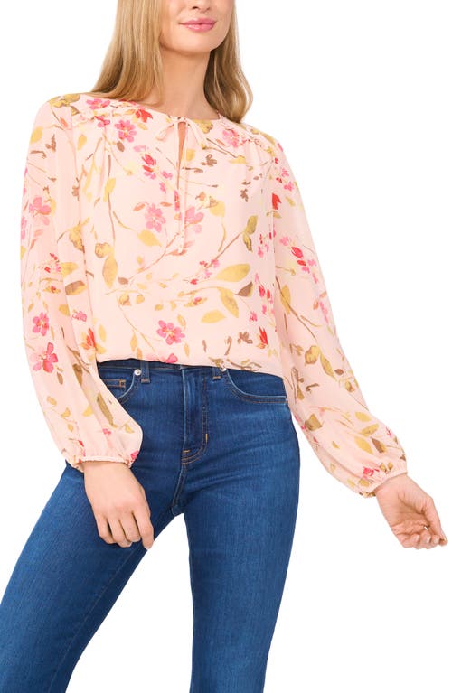 Cece Floral Print Tie Neck Top In Sugar Peach