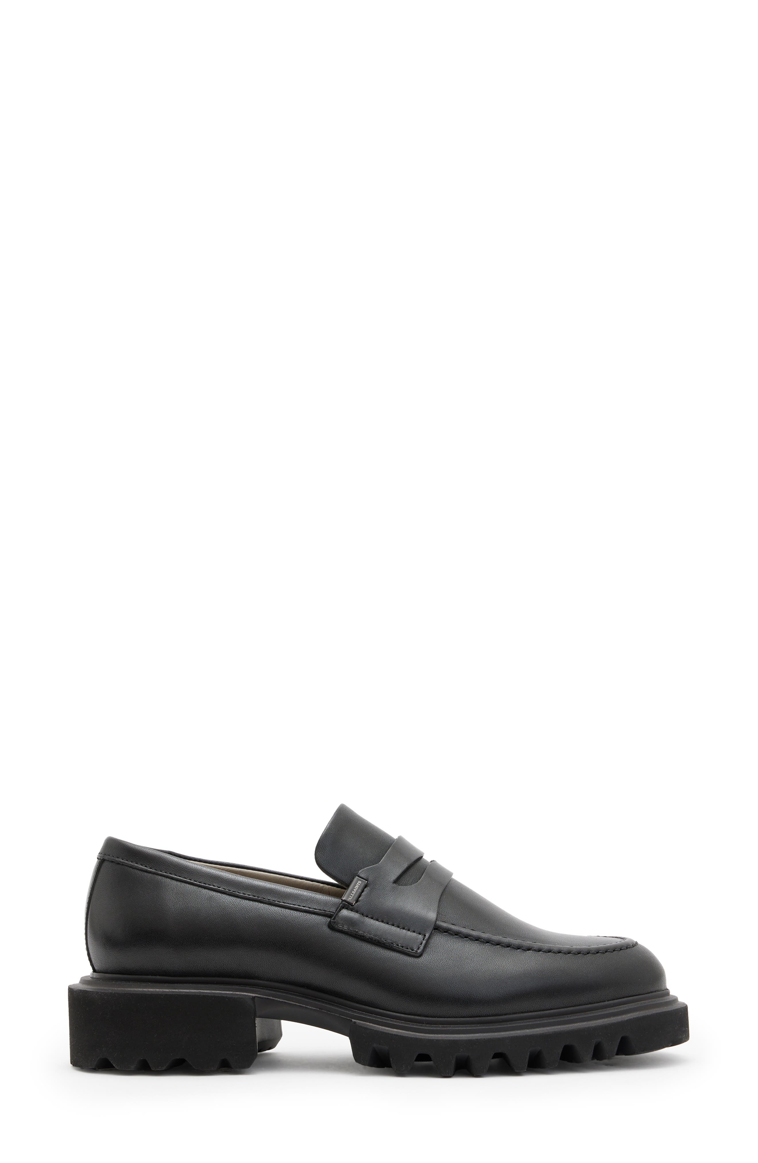 AllSaints Lola Lug Sole Penny Loafer, Alternate, color, Black
