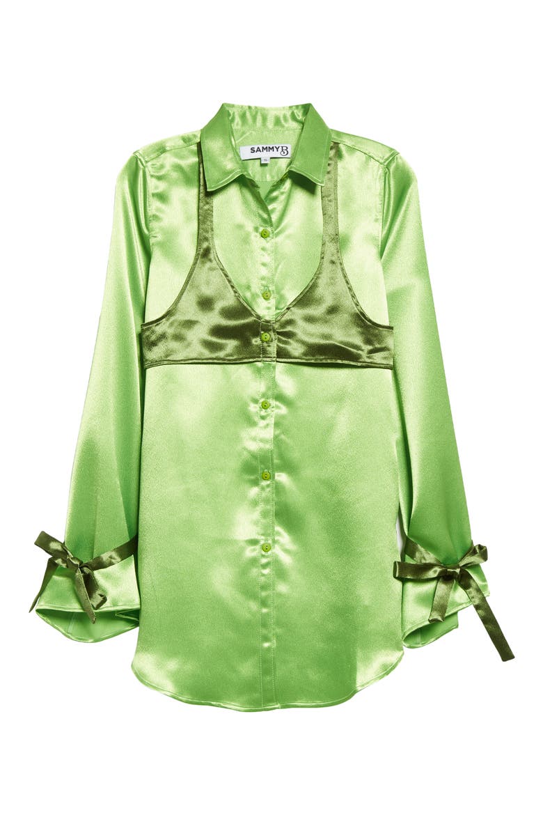 Michelle Long Sleeve Satin Mini Shirtdress, Alternate, color, GREEN