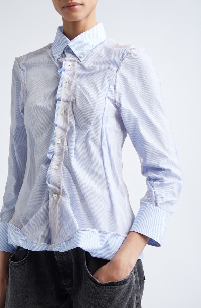 Maison Margiela Stripe Ruffle Long Sleeve Cotton Button-Down Shirt, Alternate, color, Light Blue Stripe